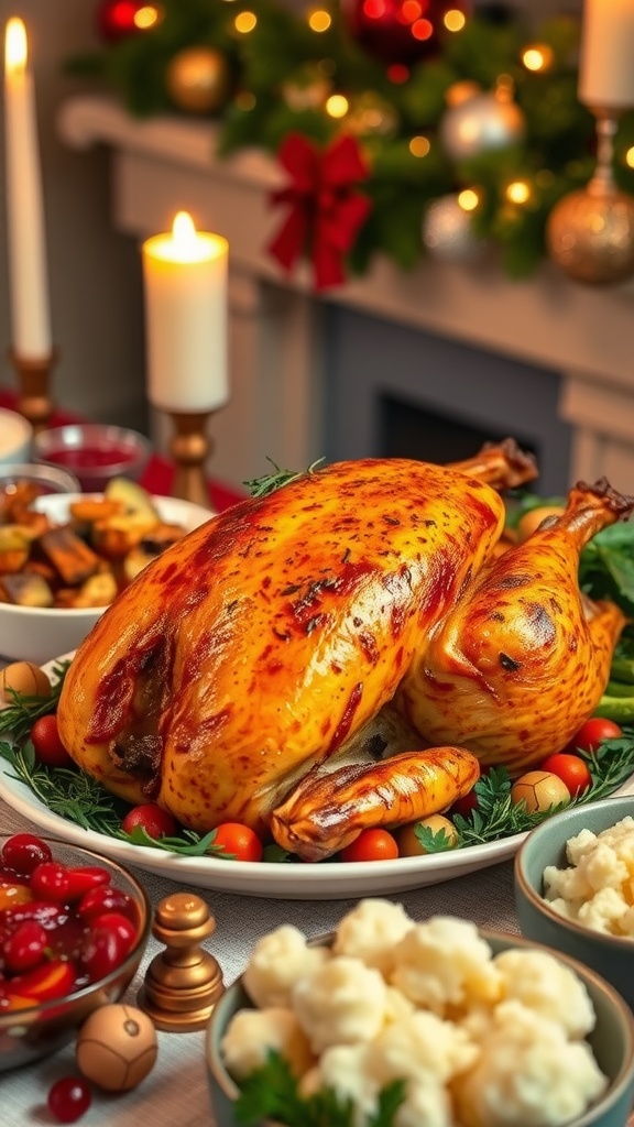 Crispy Air Fryer Christmas Turkey Recipe Golden-brown air fryer turkey garnished with herbs on a festive holiday table surrounded by sides.